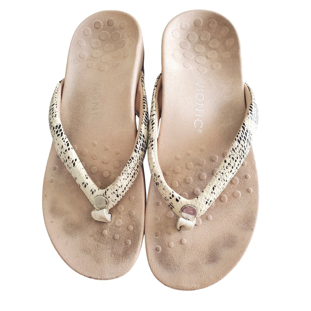 Vionic Womens 8 Tan Snakeskin Print Orthotic Thong Sandals Flip Flops Comfort